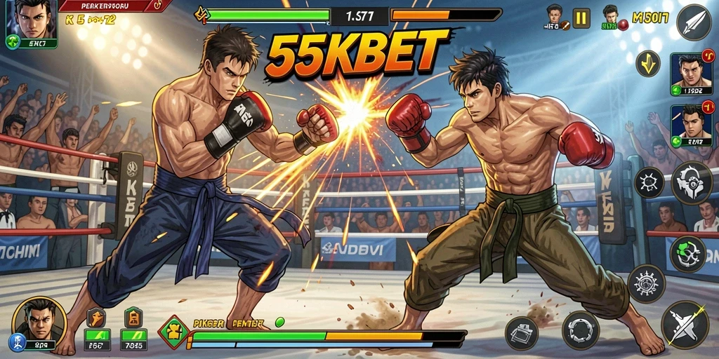 Screenshot gameplay 55KBET menampilkan aksi pertarungan yang intens.