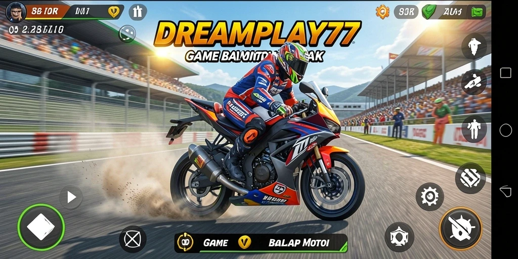 Tampilan gameplay seru dari DREAMPLAY77 saat balapan motor.