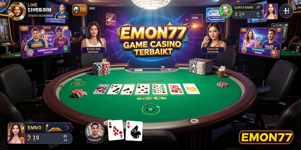 Screenshot gameplay EMON77 yang menampilkan suasana Live Casino yang mendebarkan.