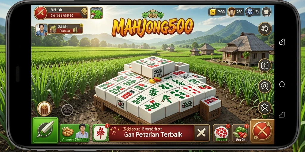 Screenshot gameplay MAHJONG500 menunjukkan ladang yang indah dan mekanika pertanian yang unik.