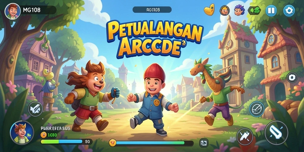 Tampilan gameplay MG108 yang dinamis dan penuh warna.