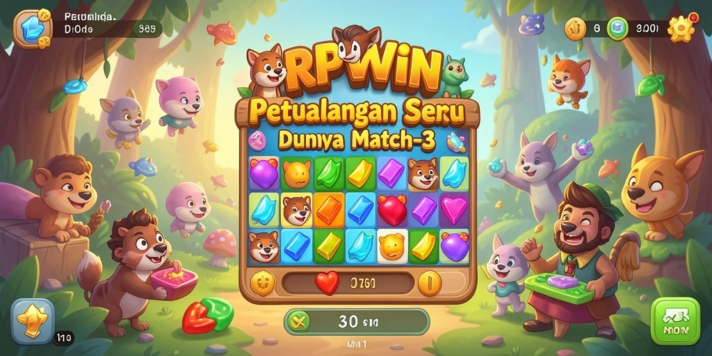 Screenshot utama RPWIN menampilkan keseruan gameplay Match-3 yang penuh warna.