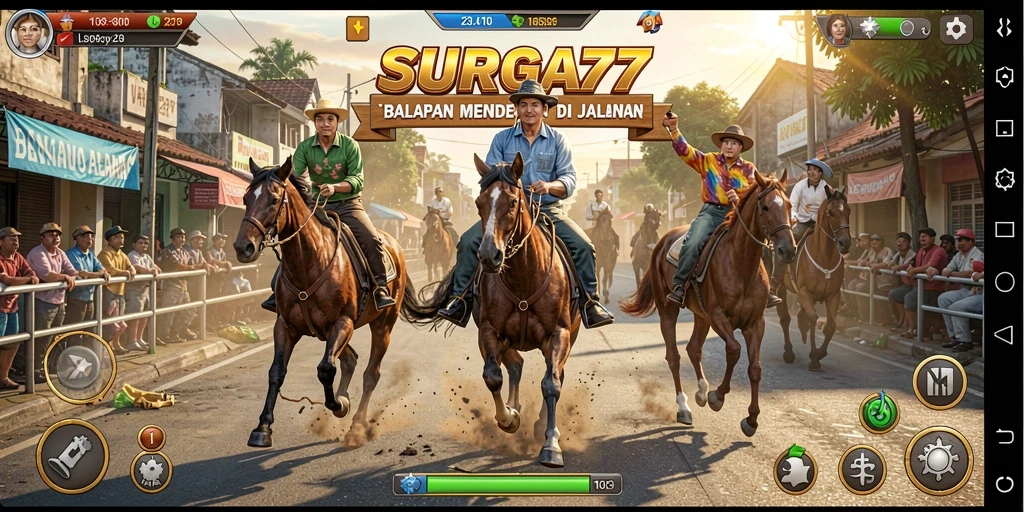 Screenshot SURGA77 menampilkan balapan seru dengan mobil cepat di trek kota.
