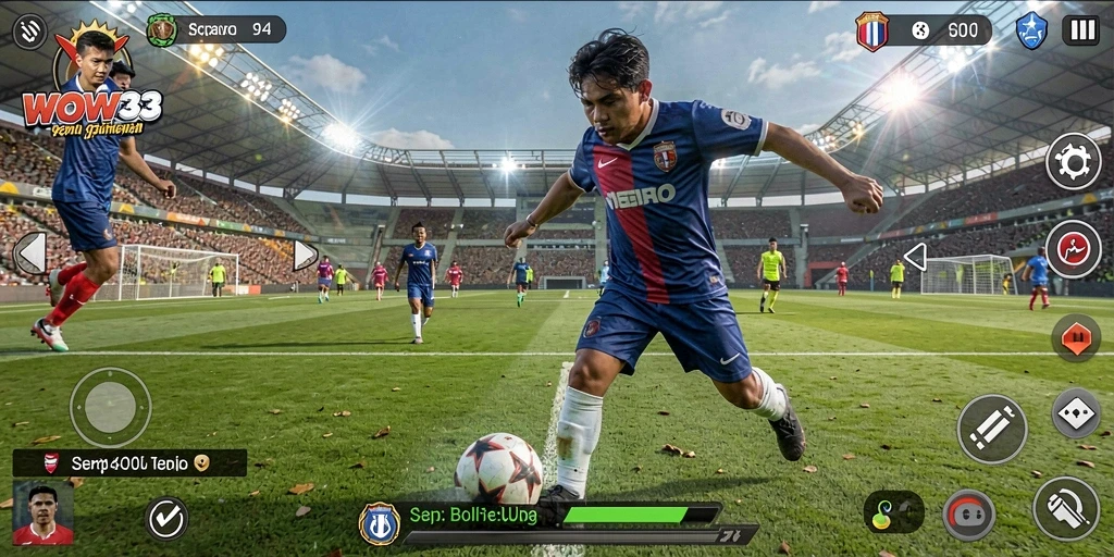 Screenshot gameplay WOW33 menampilkan aksi sepak bola yang intens.